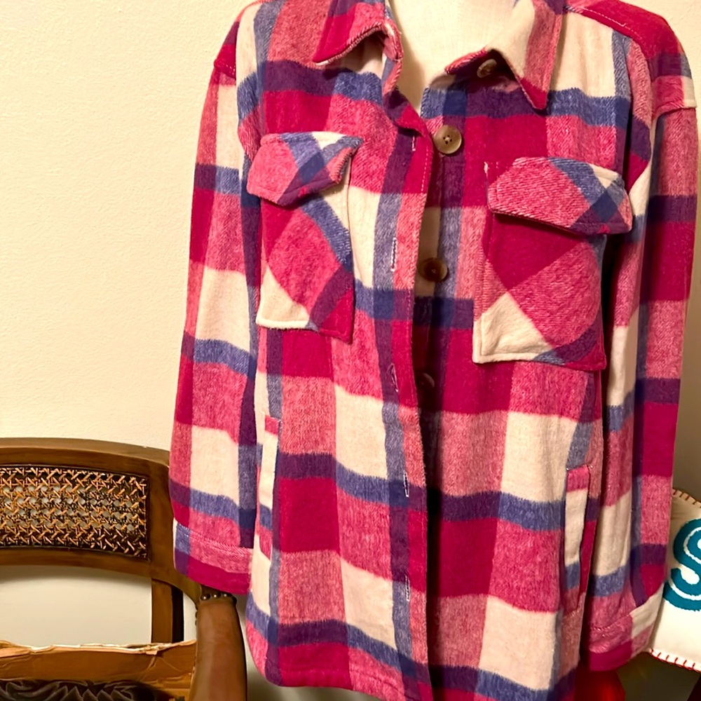 Pink, blue and winter white plaid jacket with slit on the side